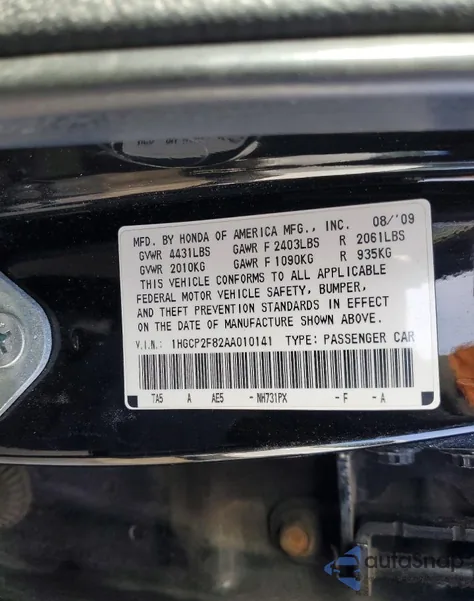 2010 Honda Accord Exl from USA, damaged, VIN 1HGCP2F82AA010141